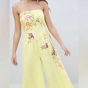 Yellow strapless jumpsuit (asos design)